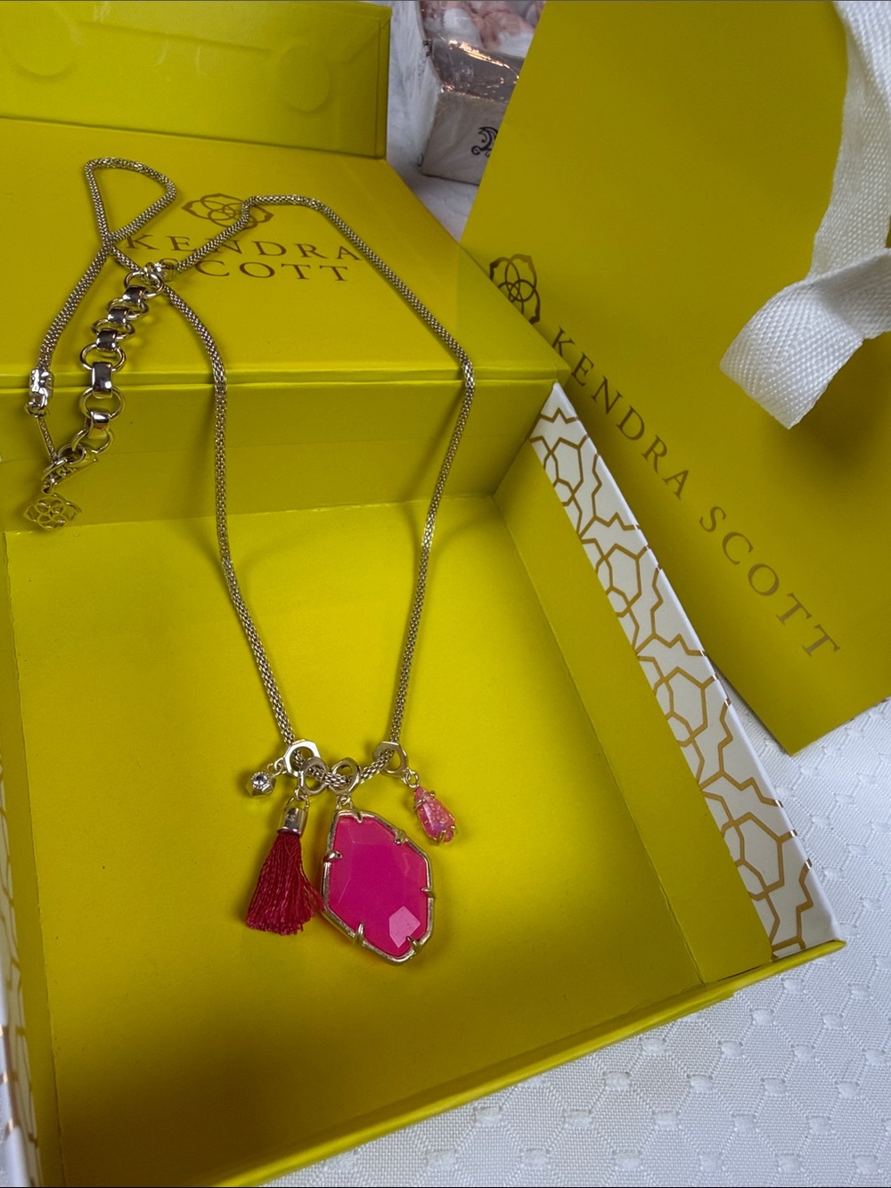 Kendra Scott Gold Necklace with Bright Pink Pendant and Tassel